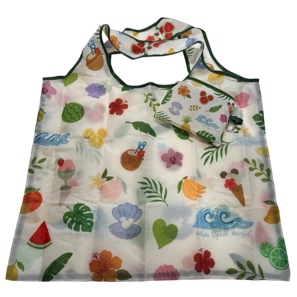 Reusable‎ Packable Tote Bag In Pouch Seashells Palm Leaves Flowers Travel